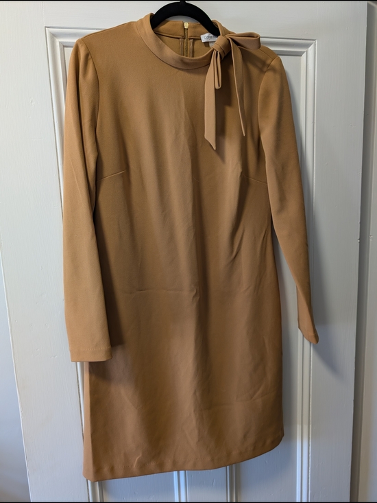 Calvin Klein Dresses & Skirts - Classic Calvin Klein Tie-Neck Long Sleeve Dress in Camel